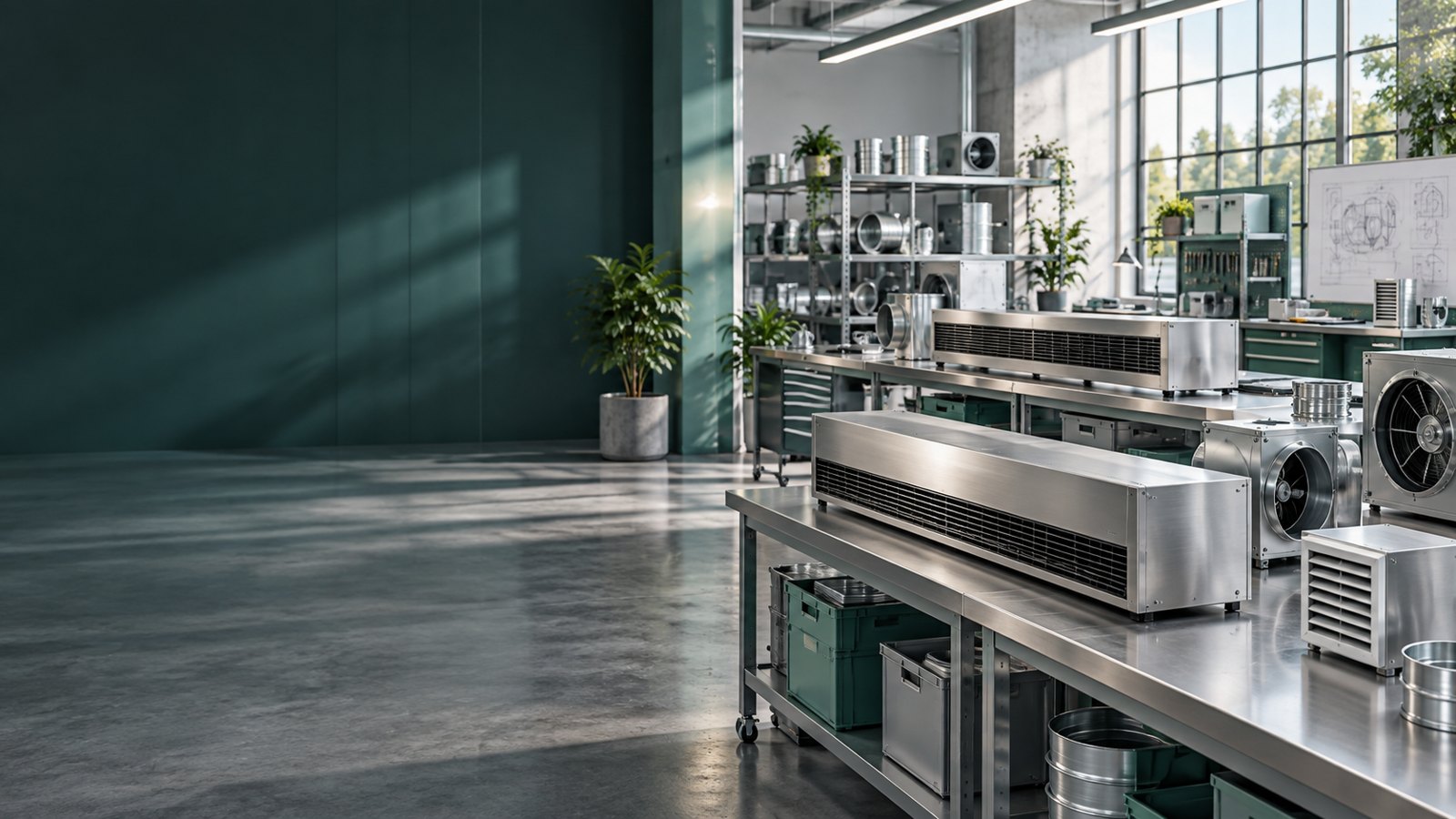 Conceptual display of air management equipment in a modern workshop