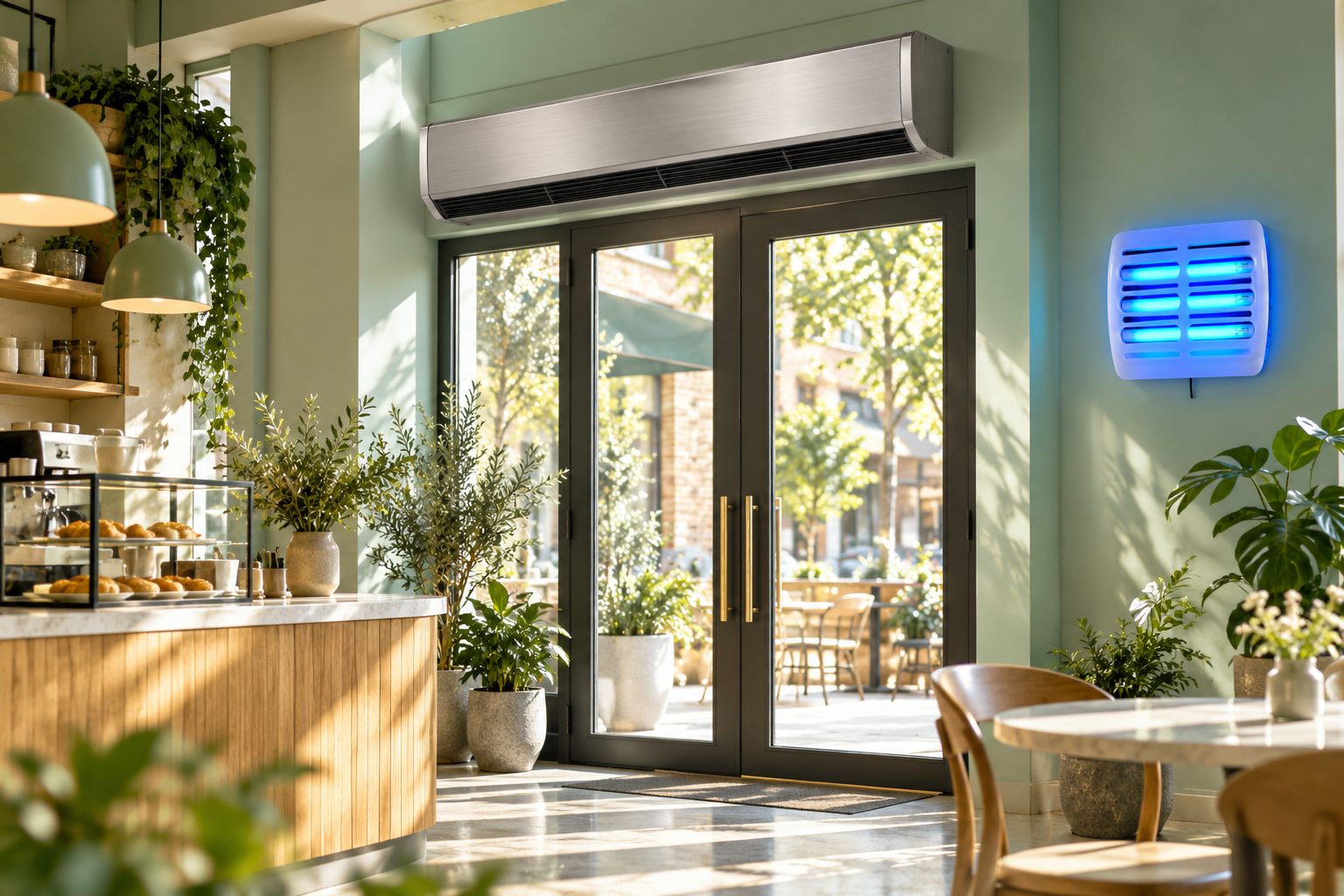 Air curtain over a cafe entrance and illuminated fly trap on the wall