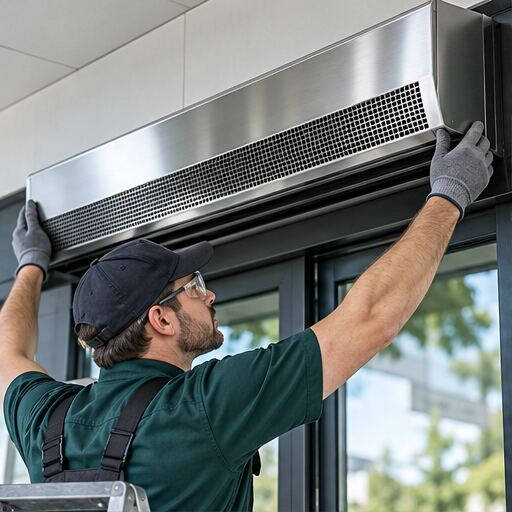 Air curtain being installed above a commercial entrance